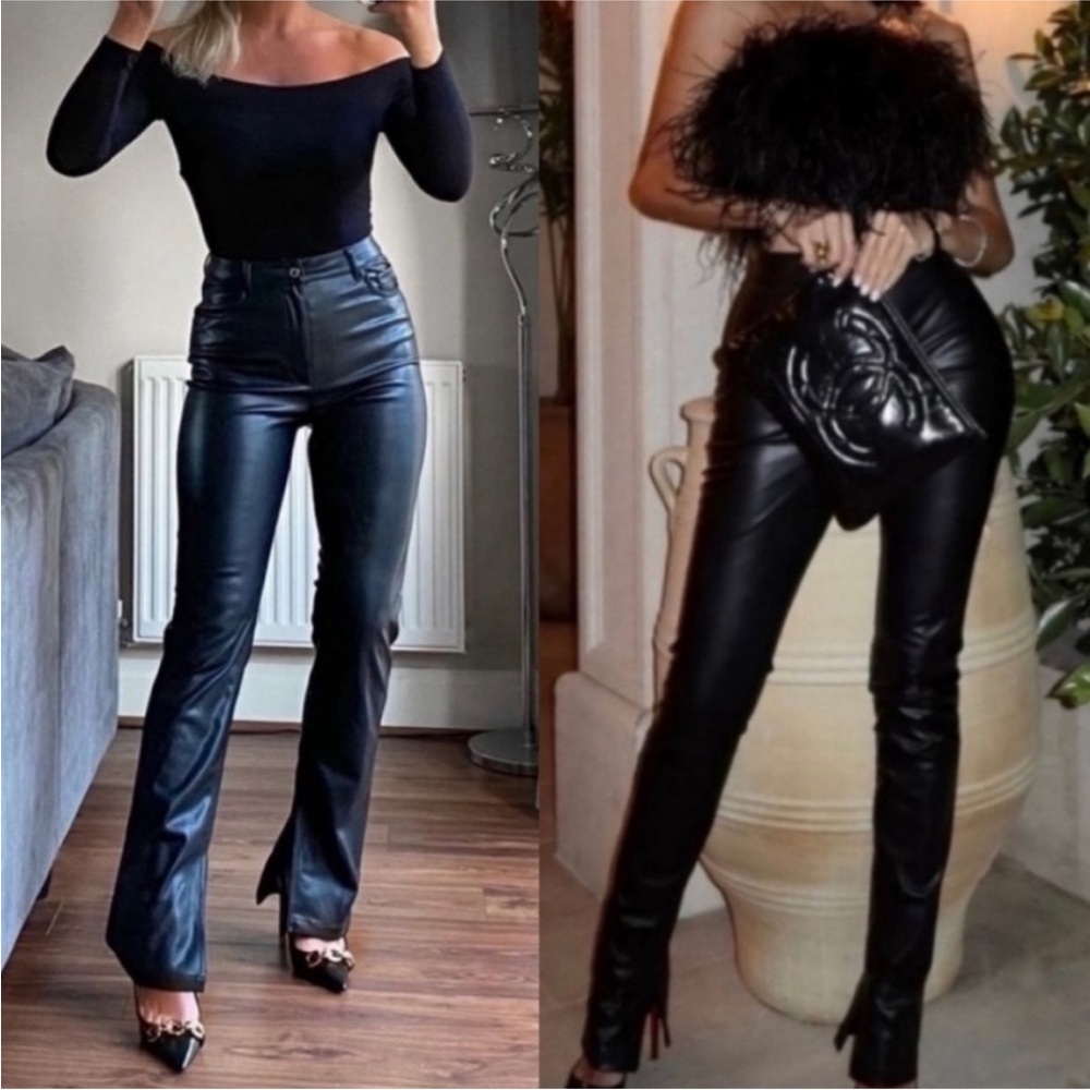 Zara Slim Leg Flare Super High Rise Slim Long Length Pants Comfort Black 4 NEW